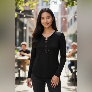 Lauren Ralph Lauren Black Lace-Up V-Neck Tunic Blouse NWT S